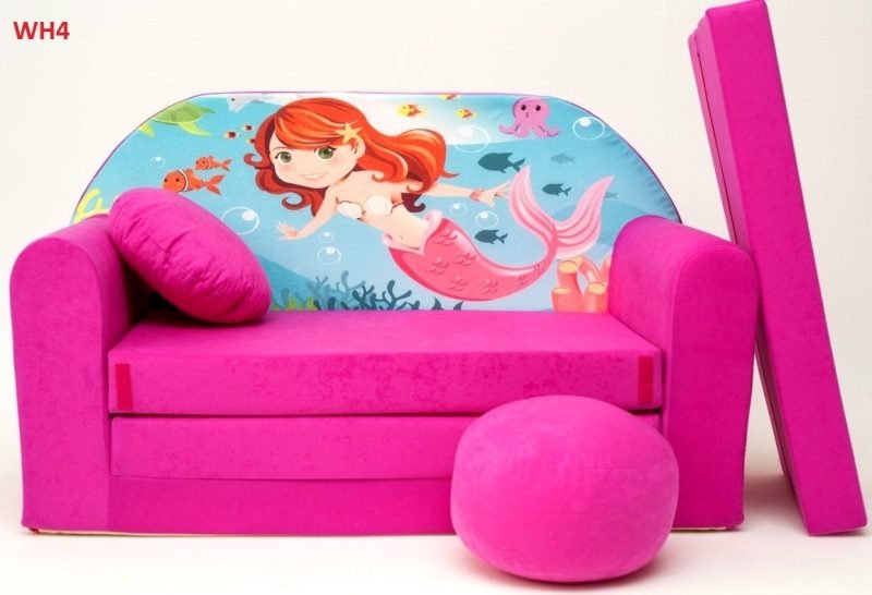 Childrens sofa bed type W, Fold Out Sofa Foam Bed for children + free pillow and pouffe - WH4 - Mermaid