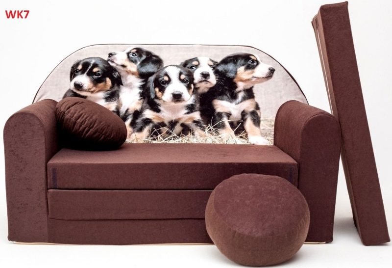 Childrens sofa bed type W, Fold Out Sofa Foam Bed for children + free pillow and pouffe - WK7 - Dogs