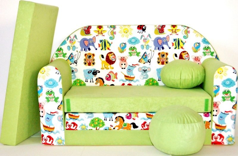 Childrens sofa bed type W, Fold Out Sofa Foam Bed for children + free pillow and pouffe - WZ5 - Animals