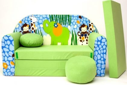 Childrens sofa bed type W, Fold Out Sofa Foam Bed for children + free pillow and pouffe - WZ16+