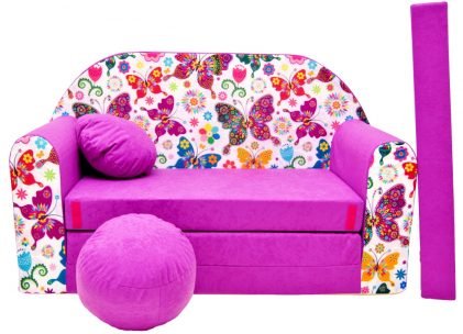 Childrens sofa bed type W, Fold Out Sofa Foam Bed for children + free pillow and pouffe M33