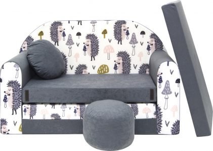 Childrens sofa bed type W, Fold Out Sofa Foam Bed for children + free pillow and pouffe, Gray with hedgehogs