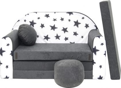Childrens sofa bed type W, Fold Out Sofa Foam Bed for children + free pillow and pouffe, gray with stars