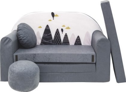 Childrens sofa bed type W, Fold Out Sofa Foam Bed for children + free pillow and pouffe, gray with mountains