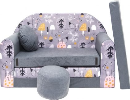 Childrens sofa bed type W, Fold Out Sofa Foam Bed for children + free pillow and pouffe,  gray with squirrels in the forest