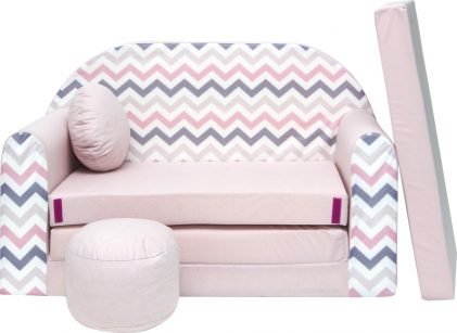 Childrens sofa bed type W, Fold Out Sofa Foam Bed for children + free pillow and pouffe, pink with zigzags
