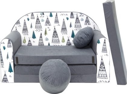 Childrens sofa bed type W, Fold Out Sofa Foam Bed for children + free pillow and pouffe, gray with teepee